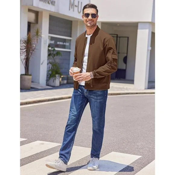 Men's Bomber Jackets Coat Brown Fabric Designs Winter Warm Casual Zip Up Pocket
